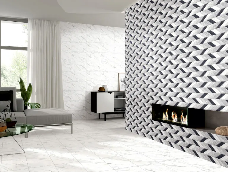 Contemporary living room design with geometric patterns